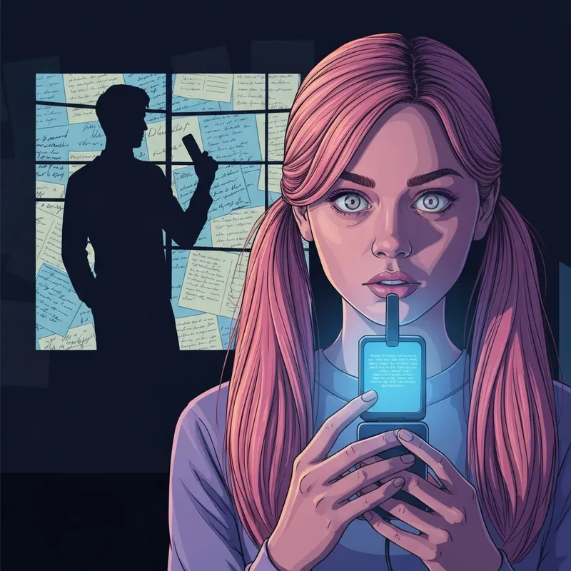 A dramatic depiction of Yuno Gasai, one of the most iconic future diary characters, holding her phone in a dark room.