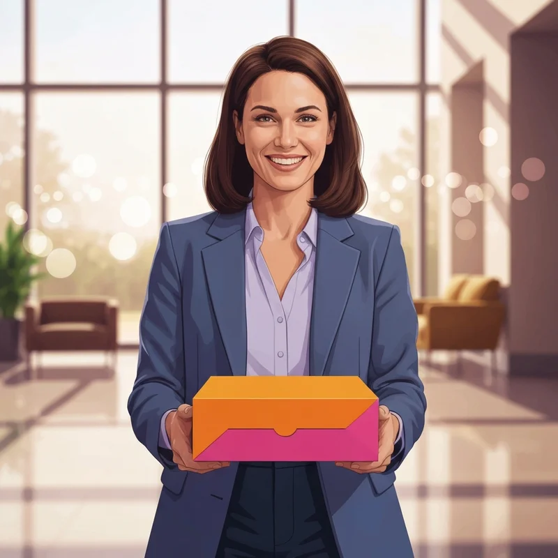 A woman carrying a box of donuts, illustrating how much is a dozen dunkin donuts for an office treat.
