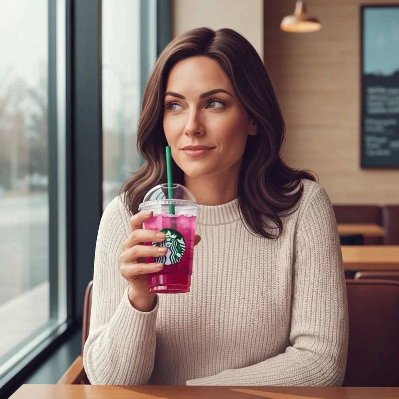 A woman enjoying caffeine free drinks at starbucks in a sunny cafe.