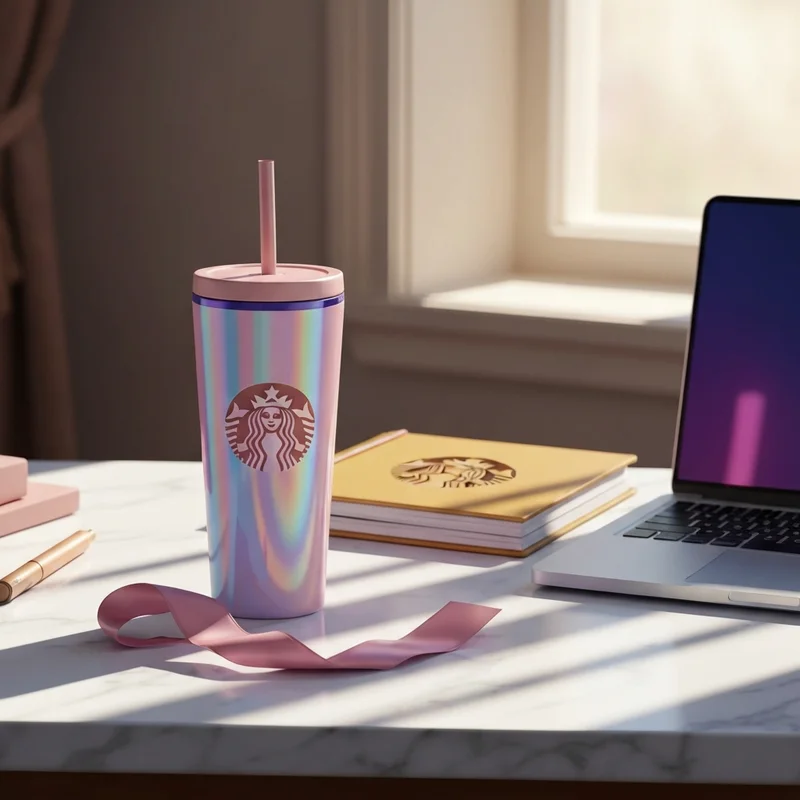 A beautiful pink starbucks cup on a marble desk reflecting the soft girl aesthetic.