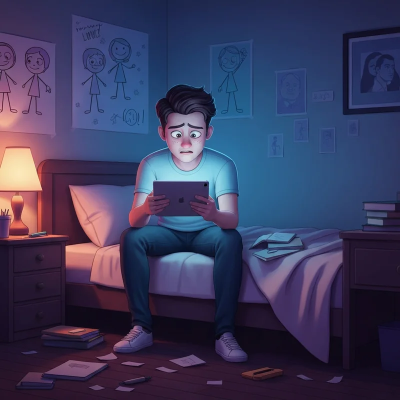 A nostalgic young adult searching for the diary of a wimpy kid hot mess pdf on a digital tablet in a dimly lit bedroom.