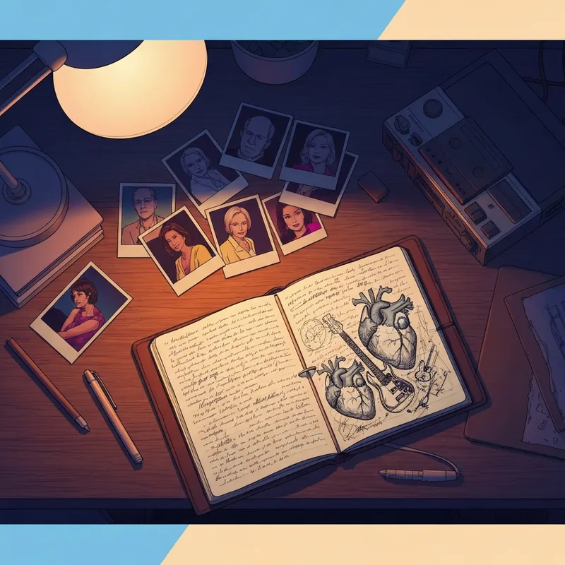 A cinematic depiction of an open notebook reminiscent of the kurt cobain diary on a messy 90s desk.