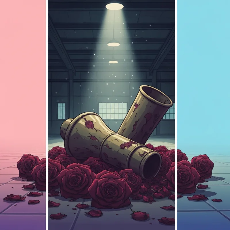 A vintage bullhorn on a bed of roses, symbolizing the dead and bloated lyrics meaning.