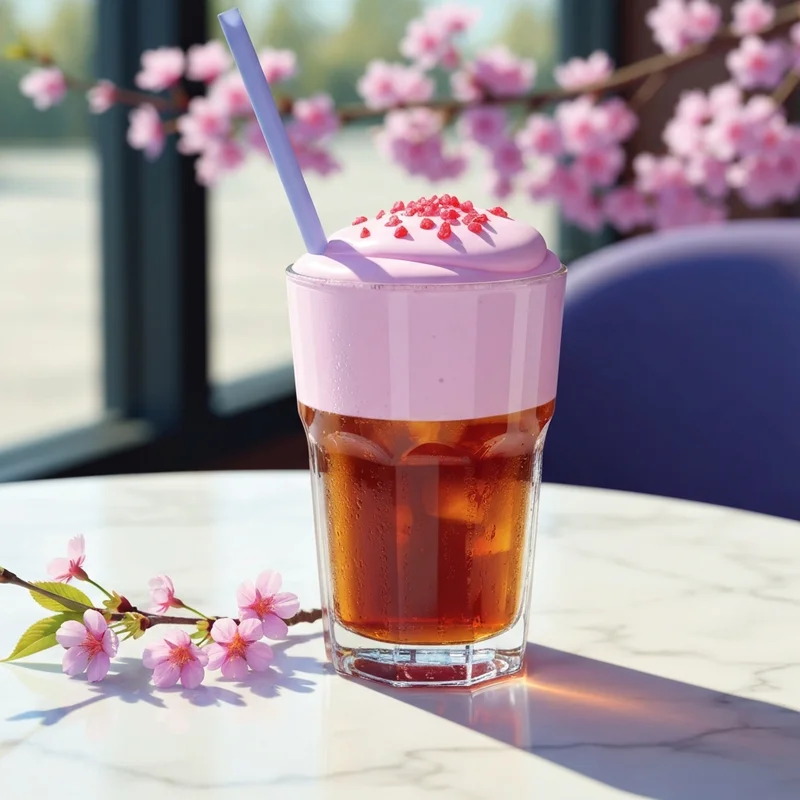 A vibrant iced cherry chai starbucks drink with pink foam and sprinkles on a marble table with cherry blossoms.