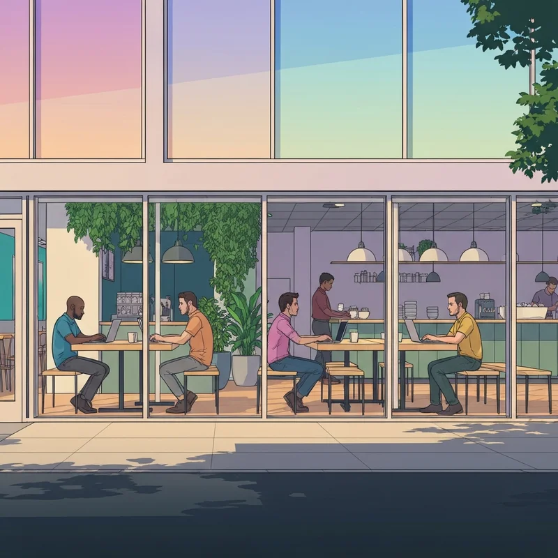 A modern and inviting Starbucks Merced location featuring students studying at wooden tables during sunset.
