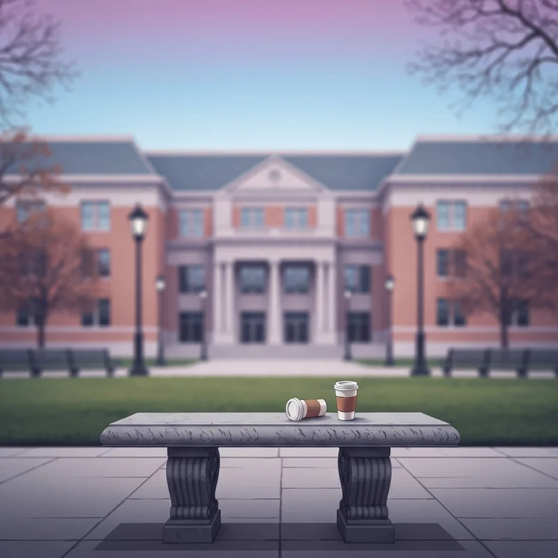 A symbolic representation of the aftermath of a crisis, referencing the fsu starbucks girl video controversy with a focus on a coffee cup on a quiet campus.