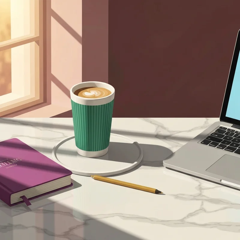 A visual guide showing how many ounces is a grande at starbucks on a professional desk.