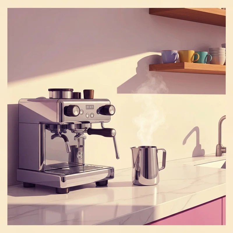 A professional-grade starbucks espresso maker alternative on a modern kitchen countertop with steam rising from a milk pitcher.