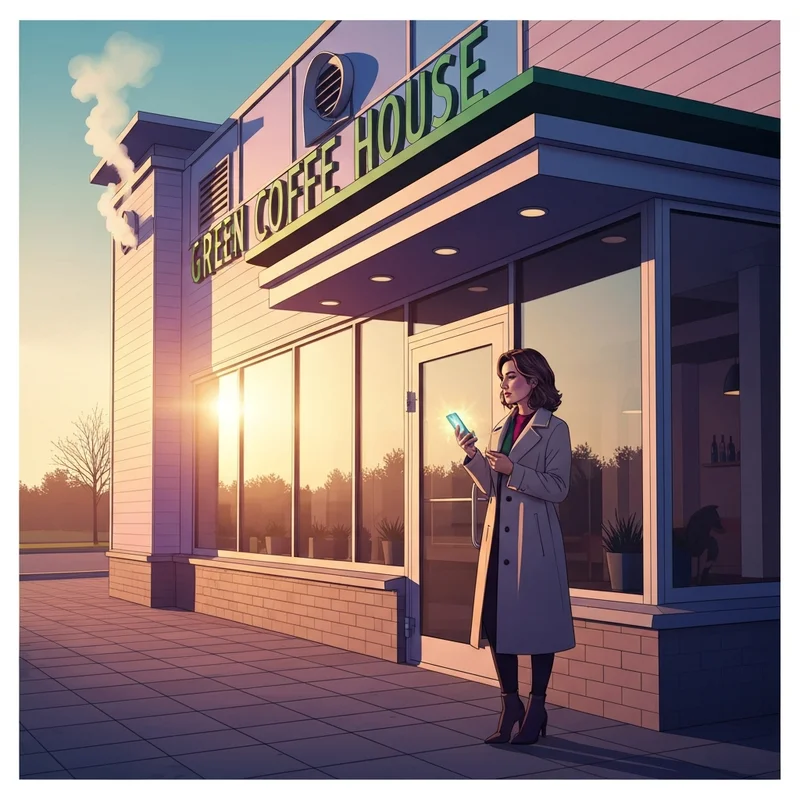 A young professional checking their phone to see when does starbucks open during a foggy morning.