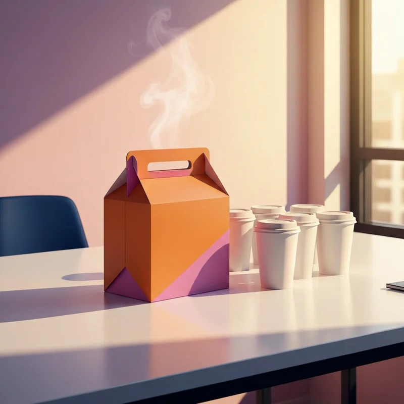 A fresh Dunkin coffee box prepared for an office meeting with cups and lids.