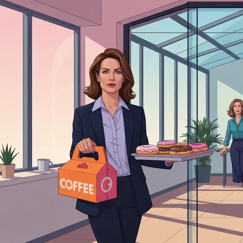 A professional woman carrying a dunkin box of joe and donuts into a modern office for a meeting.