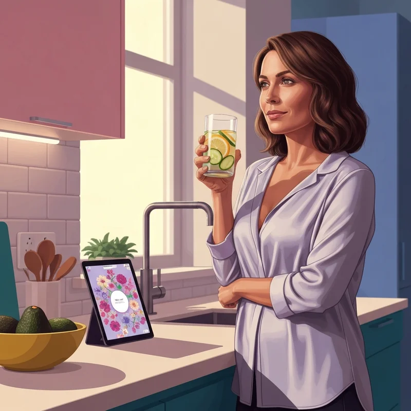 A woman managing ovulation bloating by drinking lemon water and practicing cycle-syncing in a modern kitchen.