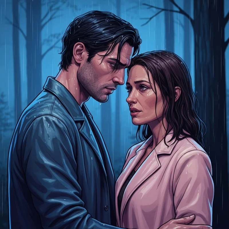 The iconic romantic tension of Damon Elena The Vampire Diaries in a rain-soaked forest scene.