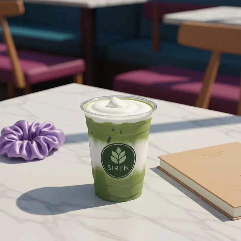 A perfectly layered iced matcha from Starbucks with cream cold foam on a marble table.