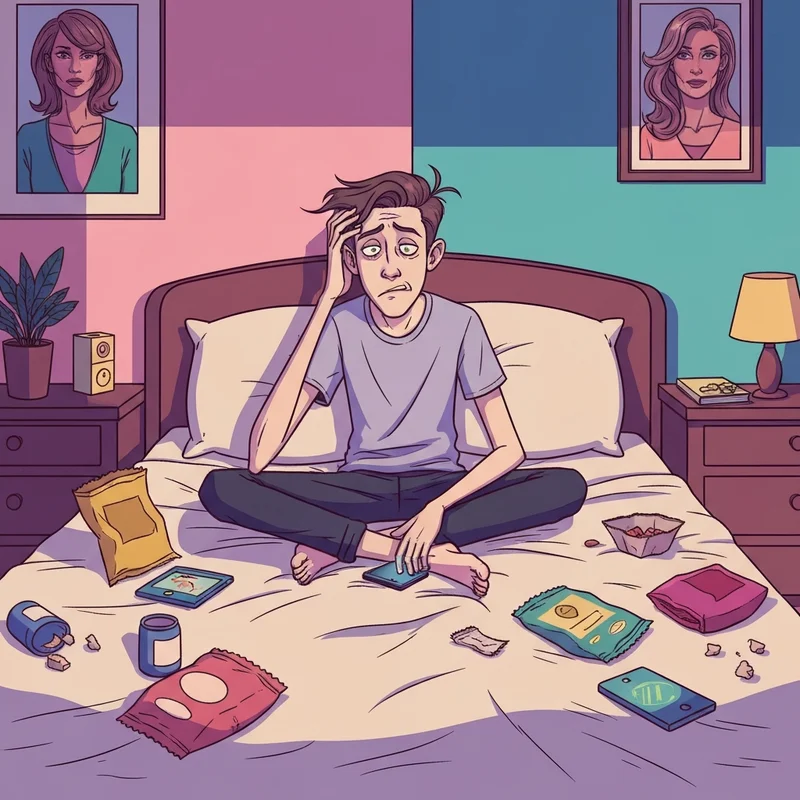 A relatable scene of a young adult embracing their 'hot mess' life while reading Diary of a Wimpy Kid 19.