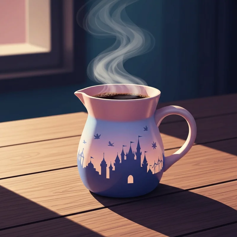 A close up of one of the starbucks disney world mugs on a wooden table with a blurred background.