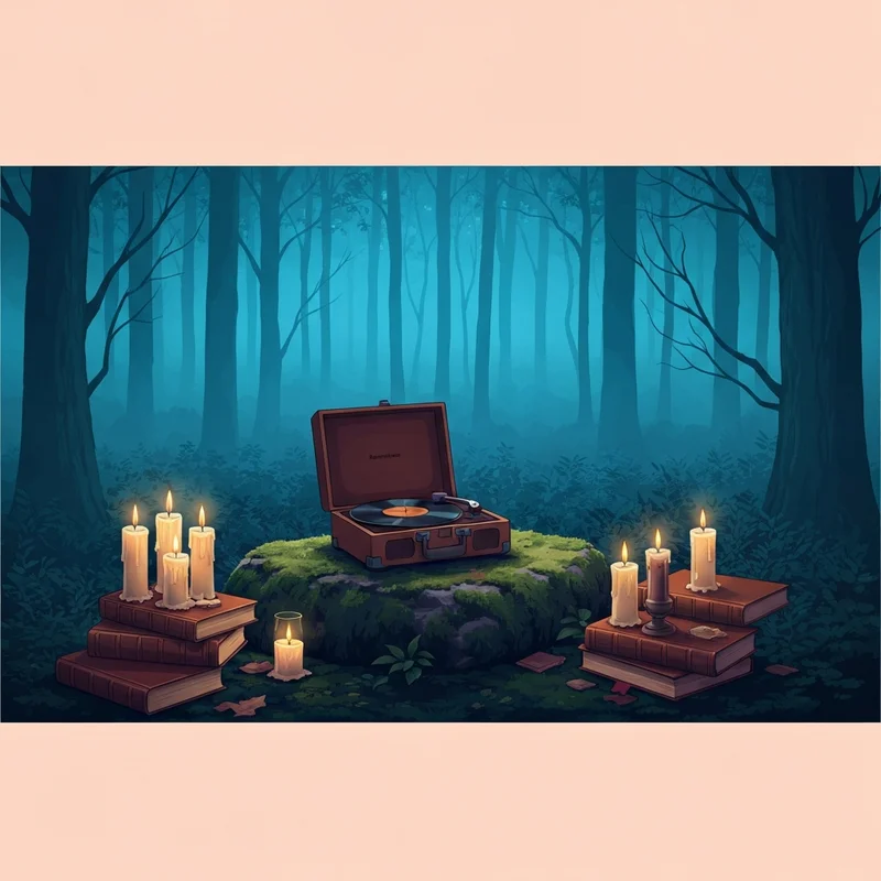 Una escena mística con velas y libros que evoca la banda sonora de The Vampire Diaries.