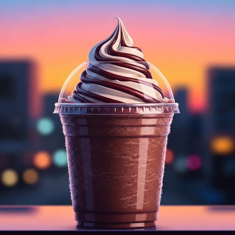 A close-up of a hot chocolate frozen dunkin donuts with whipped cream and syrup drizzle in a city setting.