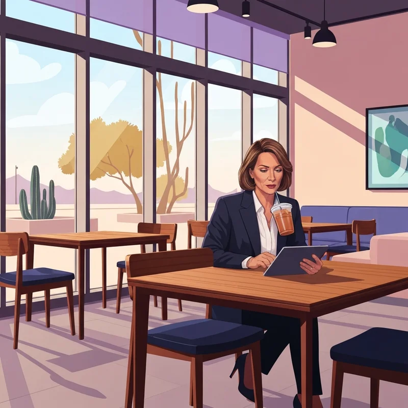 A professional woman working remotely at a sleek Starbucks Scottsdale AZ location with a modern desert aesthetic.