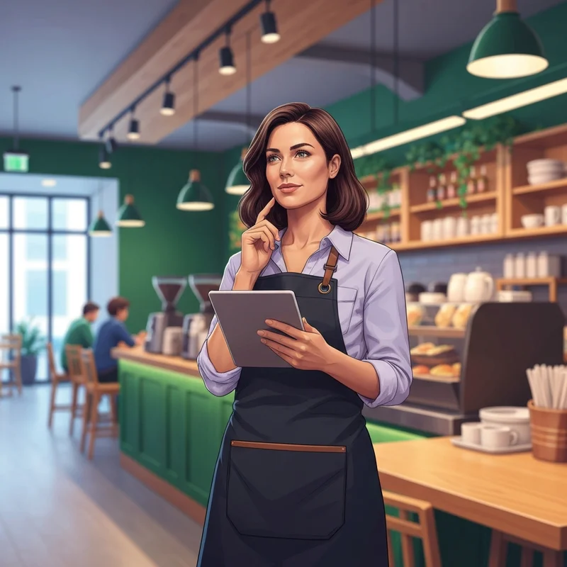 A professional retail leader contemplating the responsibilities associated with starbucks manager pay in a modern cafe setting.