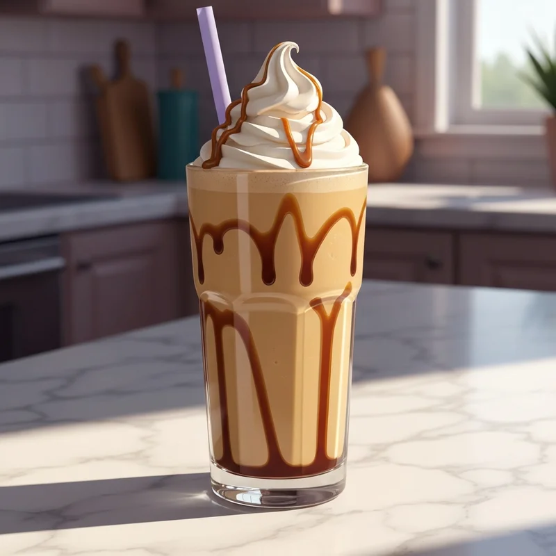A perfectly styled DIY starbucks caramel frappuccino recipe in a clear glass with aesthetic caramel drizzle.