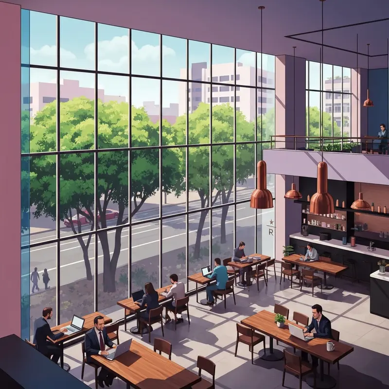 Interior of a modern starbucks mexico city mexico Reserve Bar with people working on laptops.