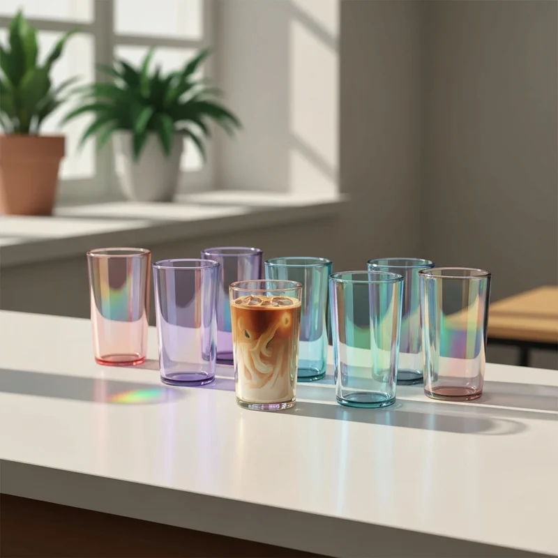 A curated collection of iridescent starbucks glass cups on a sunlit kitchen counter representing a modern aesthetic.