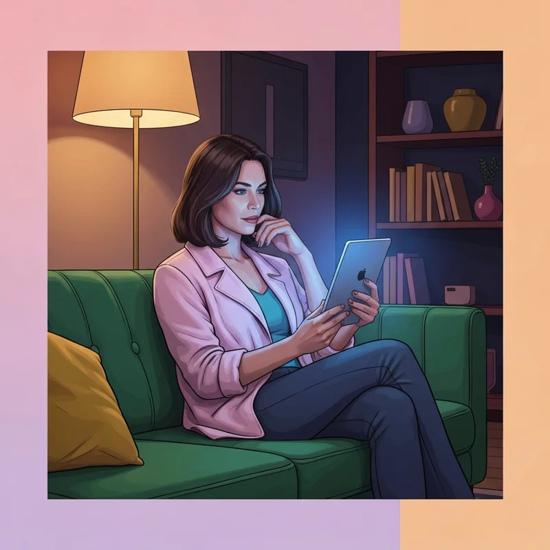 A woman watching 90 day diaries on her tablet at home in a cozy apartment.