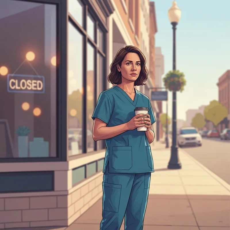 A healthcare professional reflecting on the starbucks rochester mn closures in downtown Rochester.