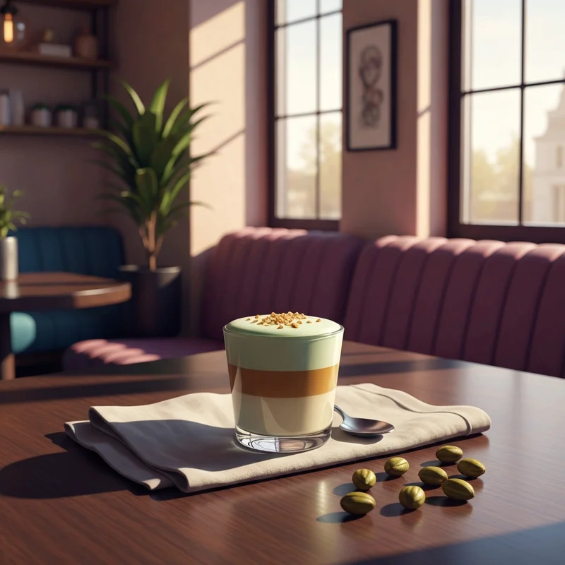 A sophisticated glass cup of a starbucks pistachio inspired beverage on a wooden table in a sunlit cafe.