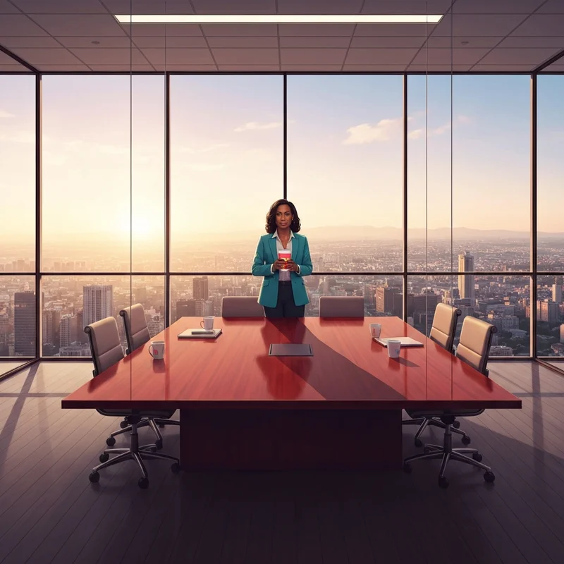 A professional woman in a boardroom holding a coffee cup, representing the leadership and ceo of dunkin donuts.