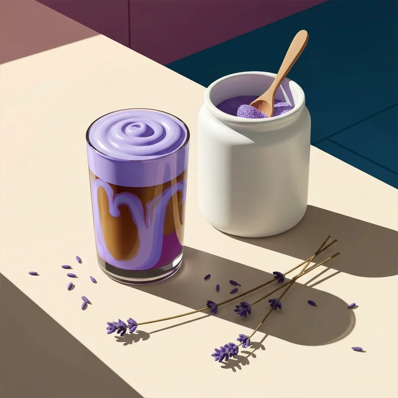A professional home barista setup featuring a purple latte made with lavender powder starbucks.