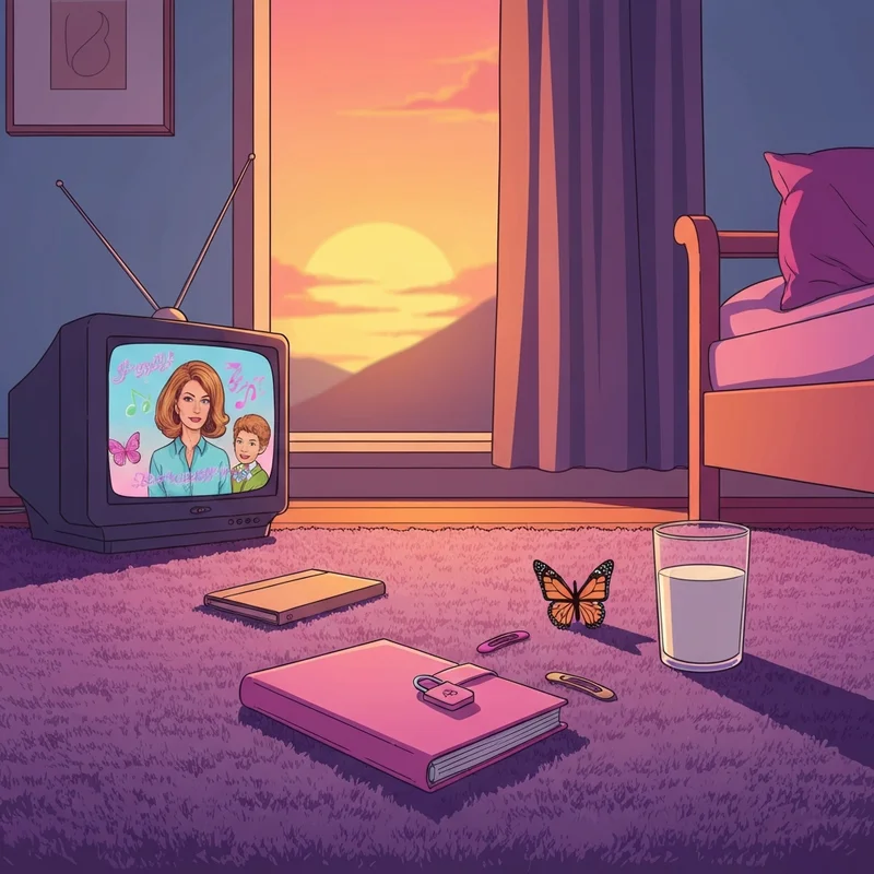 A nostalgic scene of a 90s bedroom featuring a television and a diary inspired by el diario de daniela.