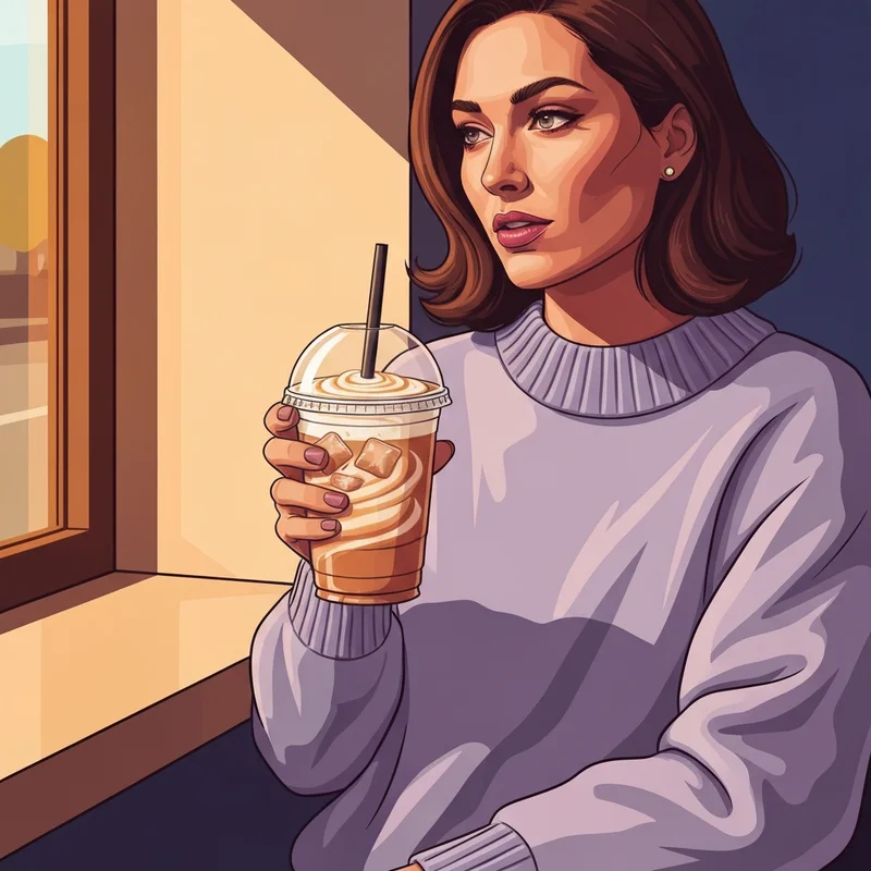 A young woman enjoying a customized dunkin chai with oat milk in a cozy cafe setting.