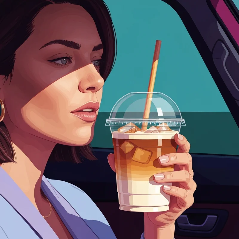 A close-up shot of a delicious brown sugar shaken espresso dunkin with swirling layers of espresso and oat milk in a sunlit car.