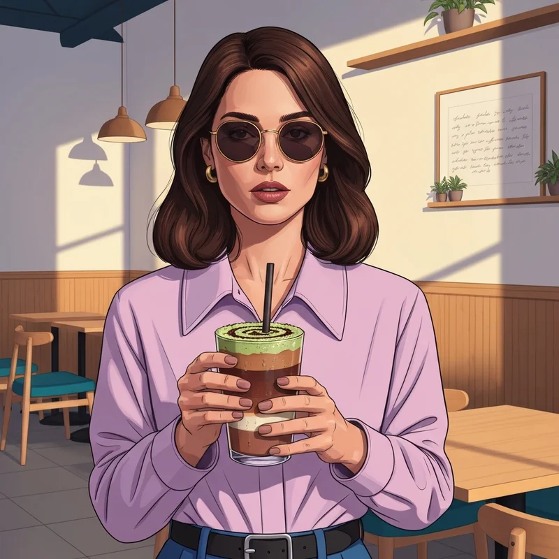 A trendy young woman holding a new on starbucks menu Iced Dubai Chocolate Mocha in a modern cafe setting.