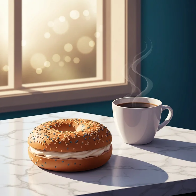 A perfectly toasted Dunkin Donuts bagel with cream cheese and everything bagel seasoning on a breakfast table.