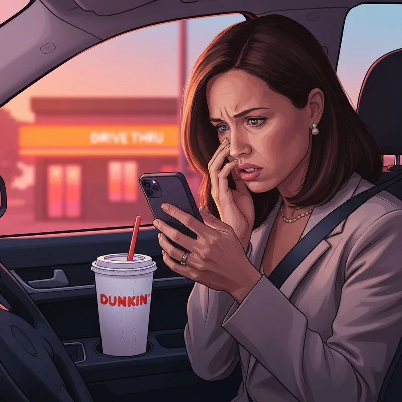 Frustrated customer searching for the dunkin customer service number on her phone in a car