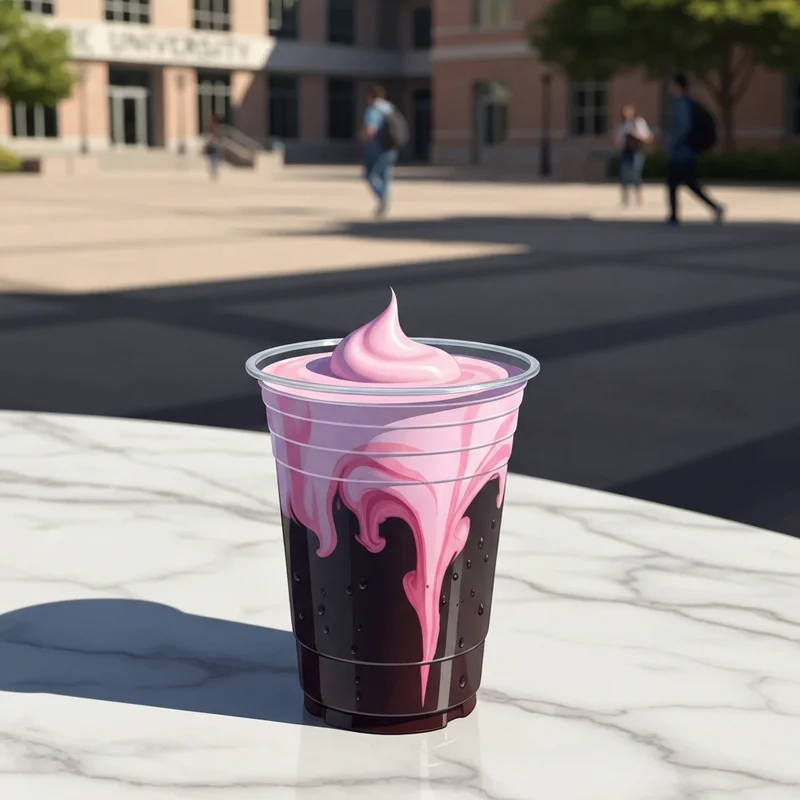 A close up of a starbucks raspberry cream cold brew with pink foam swirling into dark coffee on a sunny day.