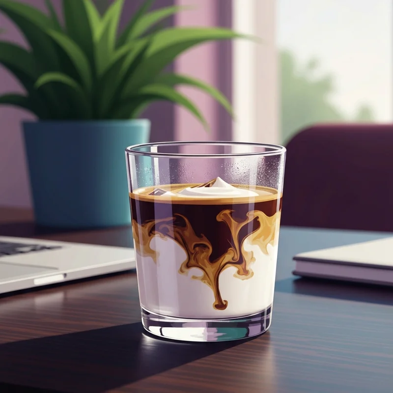 A close up of a vietnamese iced coffee starbucks hack showing the beautiful marbling of espresso and white mocha sauce.