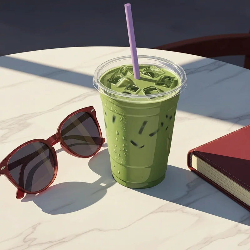 A perfectly layered iced matcha latte dunkin with oat milk and cold foam on a marble table.