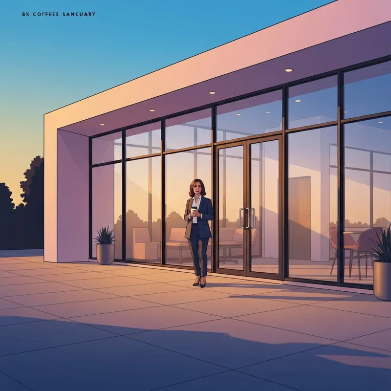 A modern cafe exterior at dawn showing the typical environment during starbucks open time.