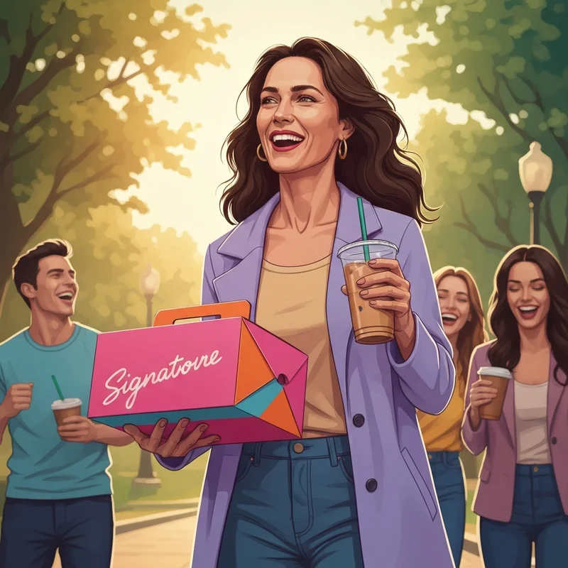 A young woman enjoying her haul on dunkin doughnuts free doughnut day with an iced coffee and a pink box.