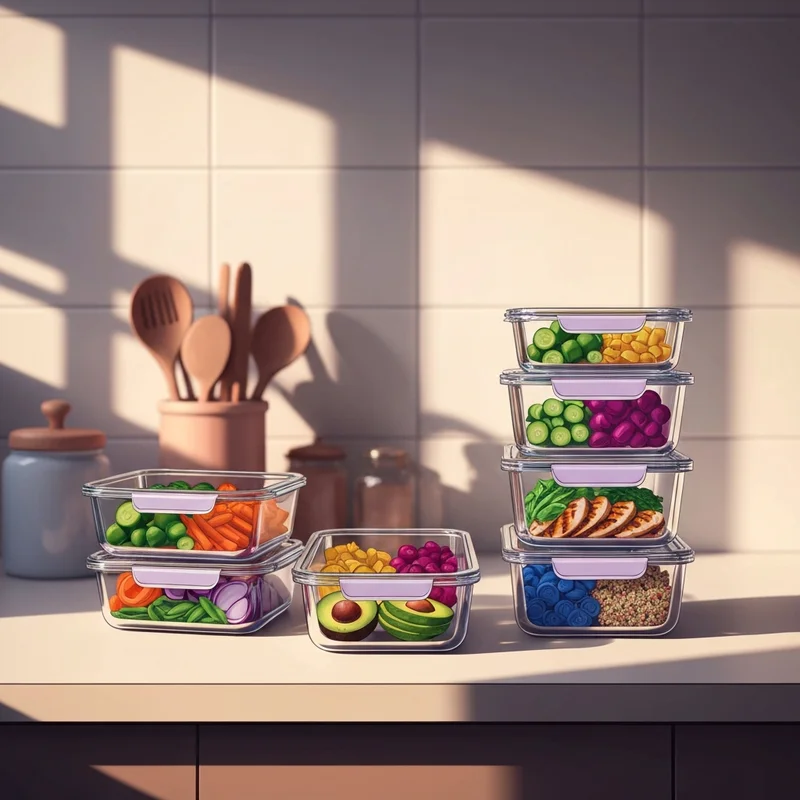 Aesthetic glass containers featuring various lunch meal prep ideas on a sunny kitchen counter.