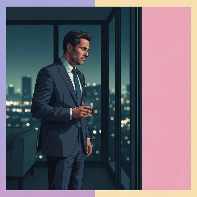 A cinematic shot of a man reflecting on his life, capturing the mood of the series Diary of a Gigolo.