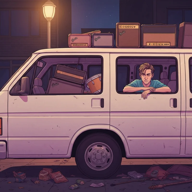 A nostalgic scene of a band van filled with music gear, reflecting the chaotic tour life in Diary of a Wimpy Kid: Diper Överlöde.