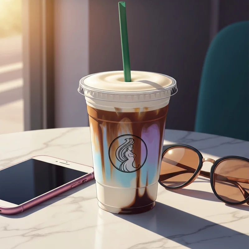 The best iced coffee at Starbucks shown as a layered shaken espresso with oat milk and cold foam on a marble table.