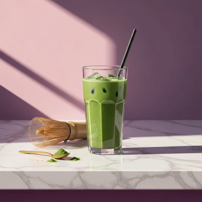 A perfectly layered iced latte made with starbucks matcha powder alternative on a marble table.