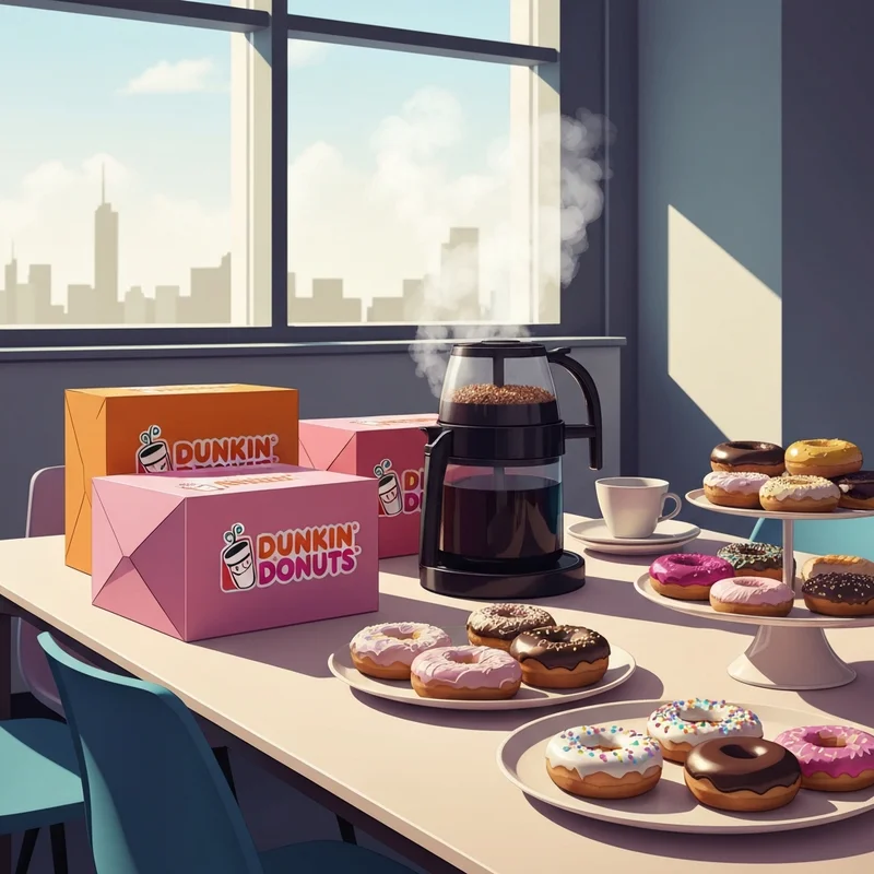 A professional setup for dunkin donuts catering featuring coffee and donuts in a bright office setting.
