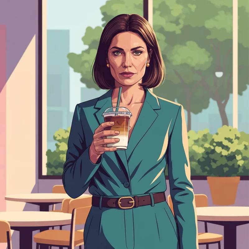 A woman enjoying one of her favorite less calories starbucks drinks in a modern cafe setting.